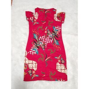 NEW Floral Red Batik Indonesian women Dress cold off shoulder Sz S stretchy